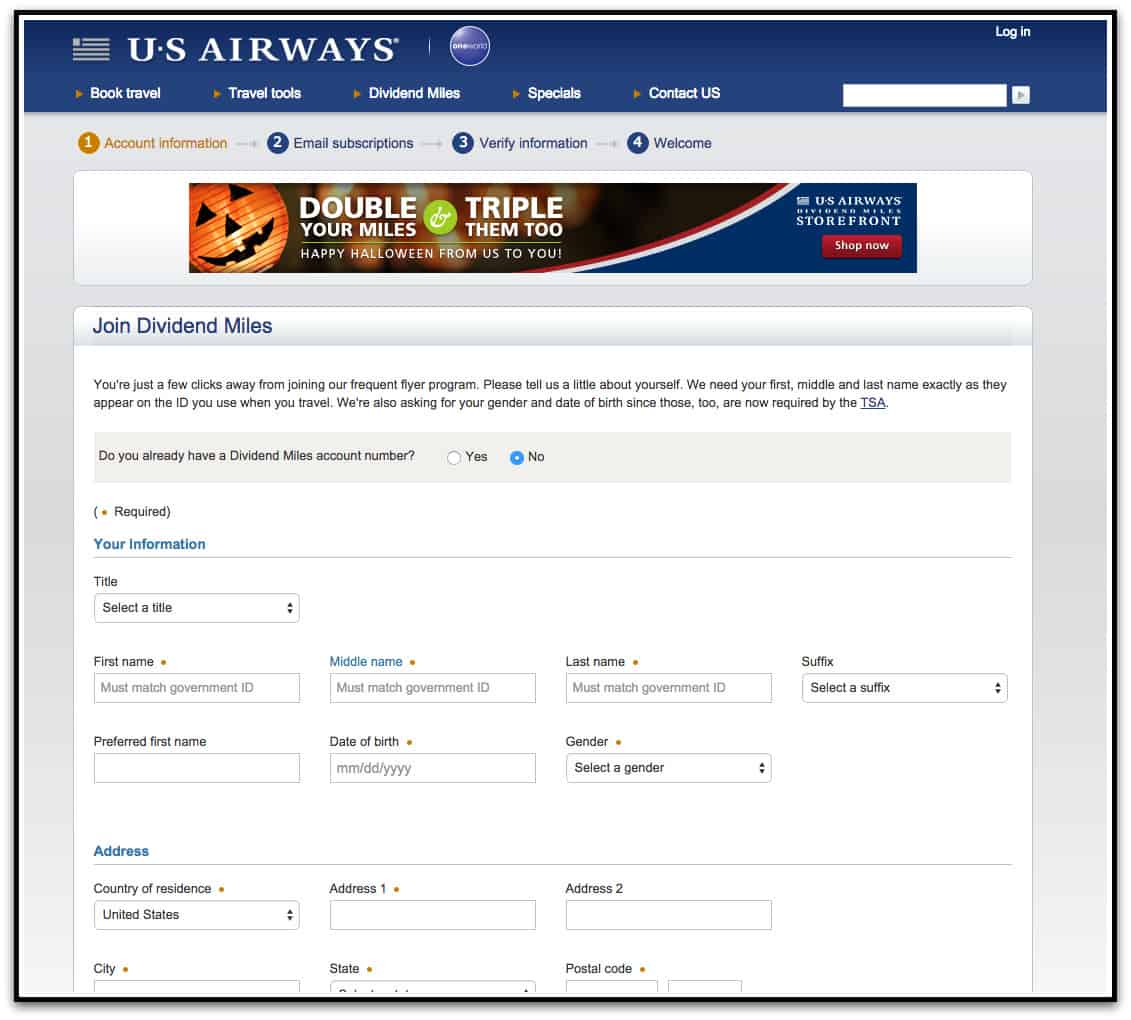 官方網站申請 US Airways 帳號