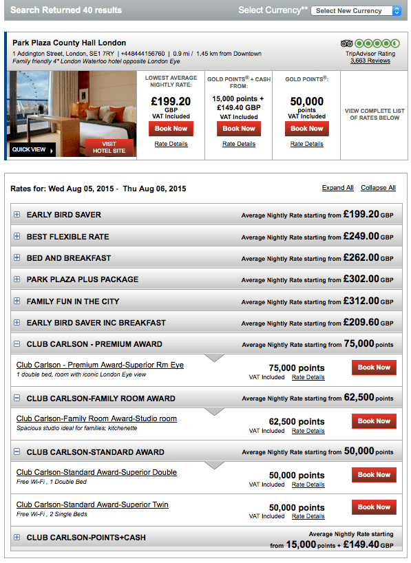 Club Carlson 的進階房型兌換為多階式。 Park Plaza County Hall London 提供 62,500 及 75,000 不同的房型供兌換