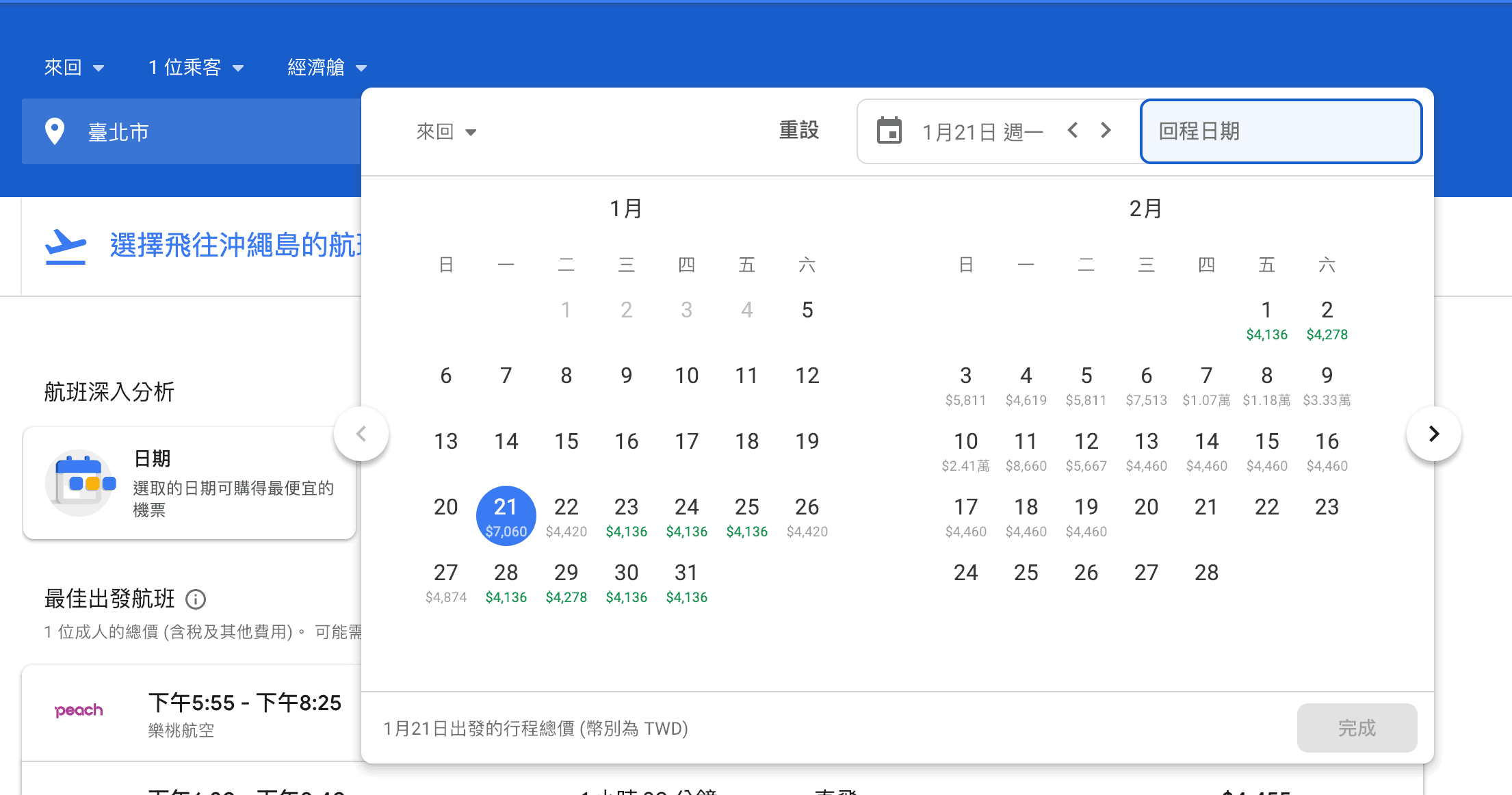 Google Flights 選擇去程日期後，可以看到不同回程日期的價格，非常方便啊～（研究生的點數旅行筆記）